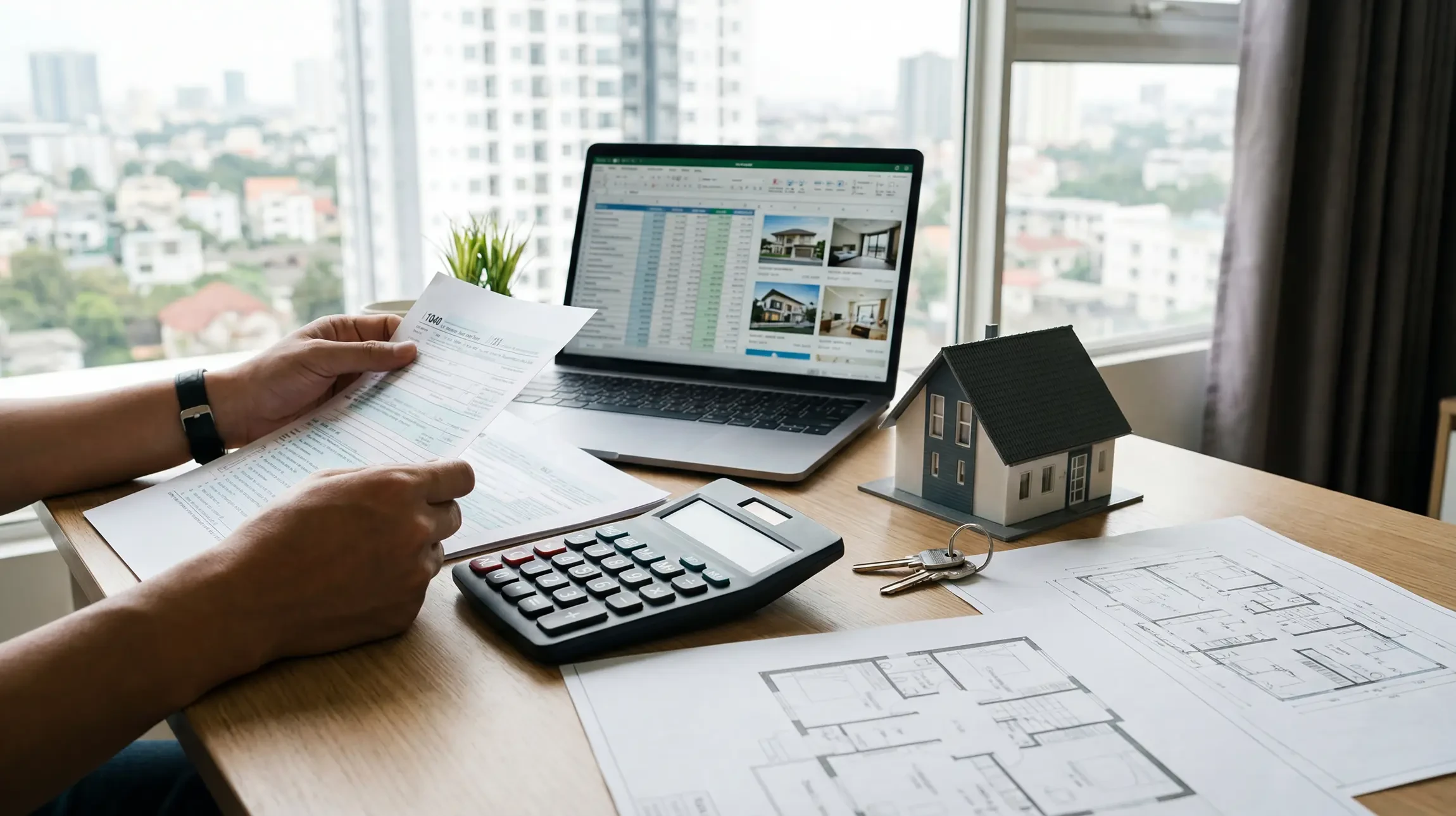 Couple de seniors souriants tenant une maquette de maison face à un conseiller en costume dans un bureau immobilier