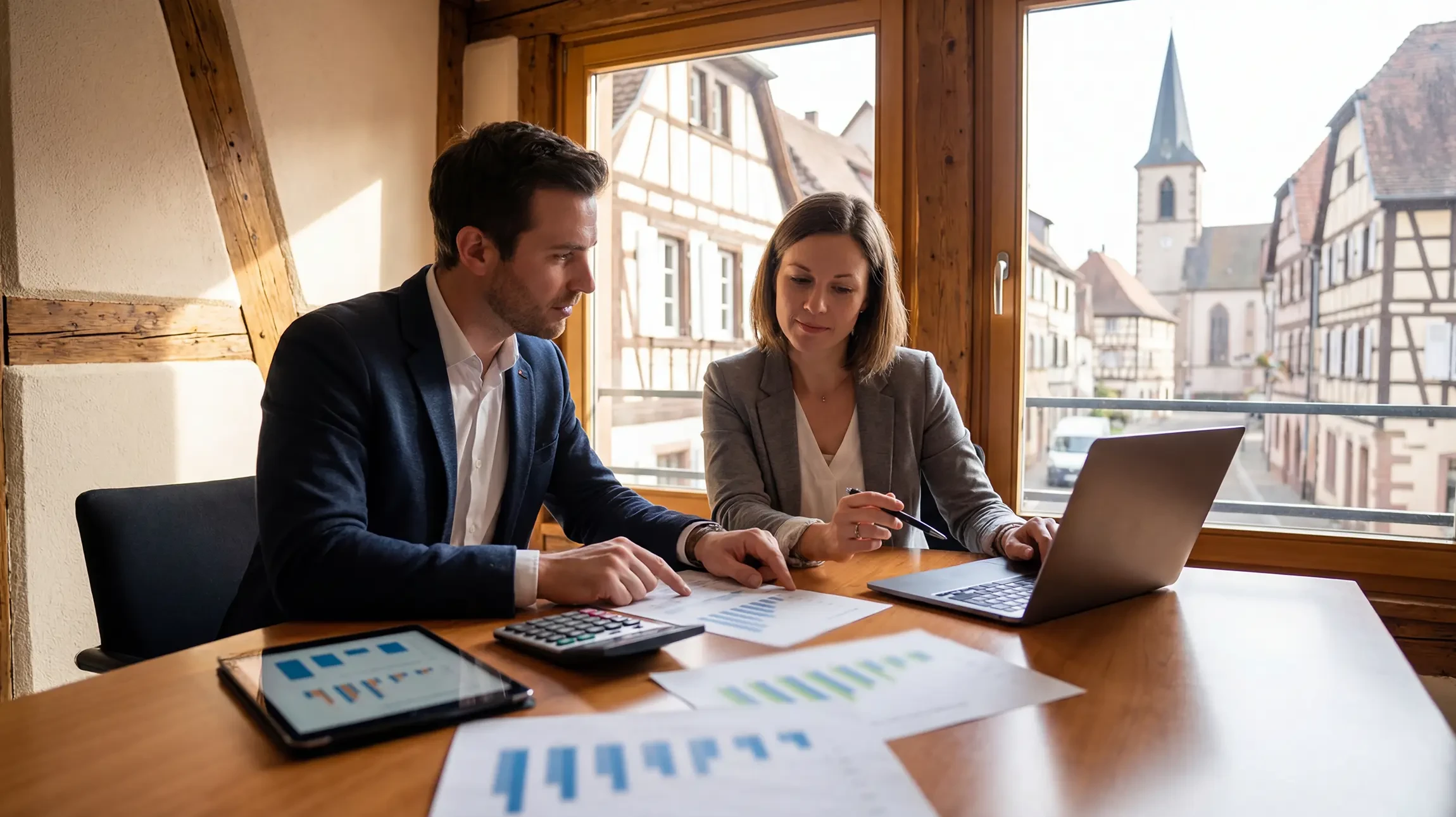 Bureau de comptabilité avec deux professionnels analysant des documents financiers