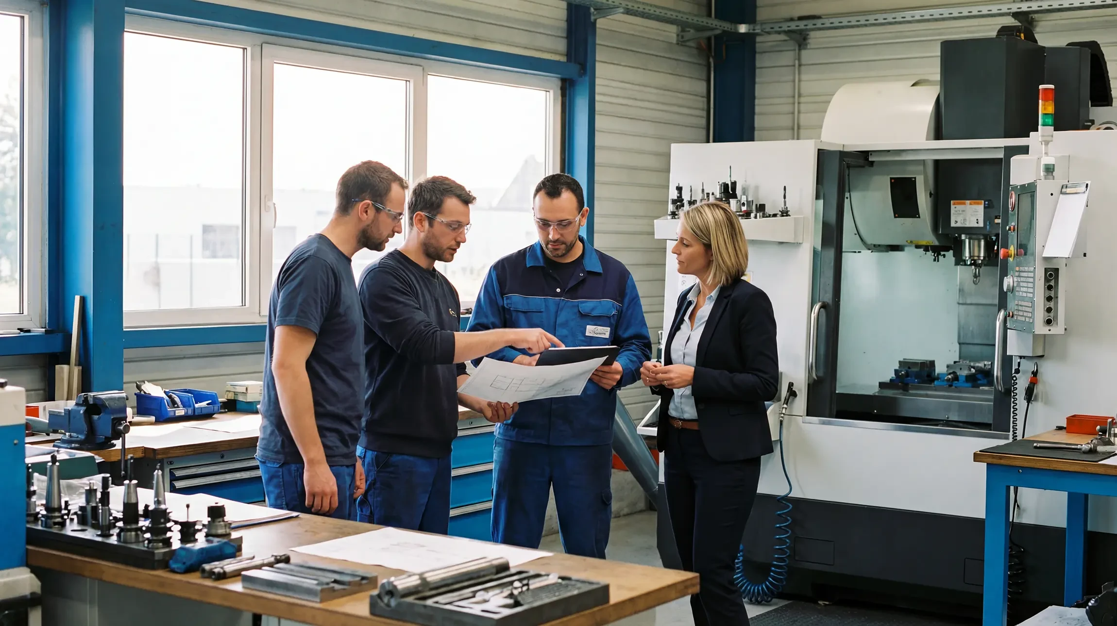 Bureau d'affaires avec homme en costume analysant des rapports financiers