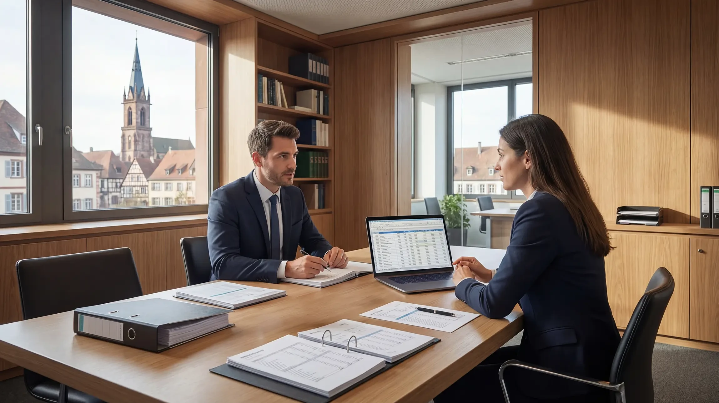 Scène de bureau professionnel avec deux personnes analysant des documents financiers