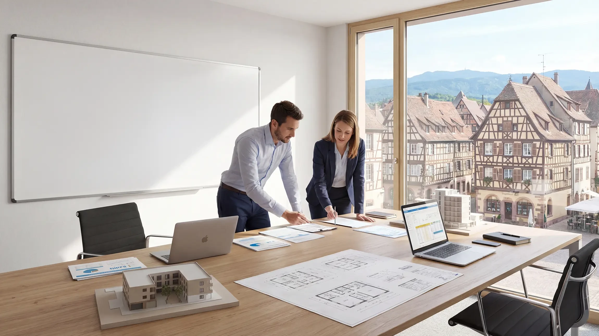 Réunion de travail en intérieur avec trois personnes analysant des rapports financiers sur table en bois