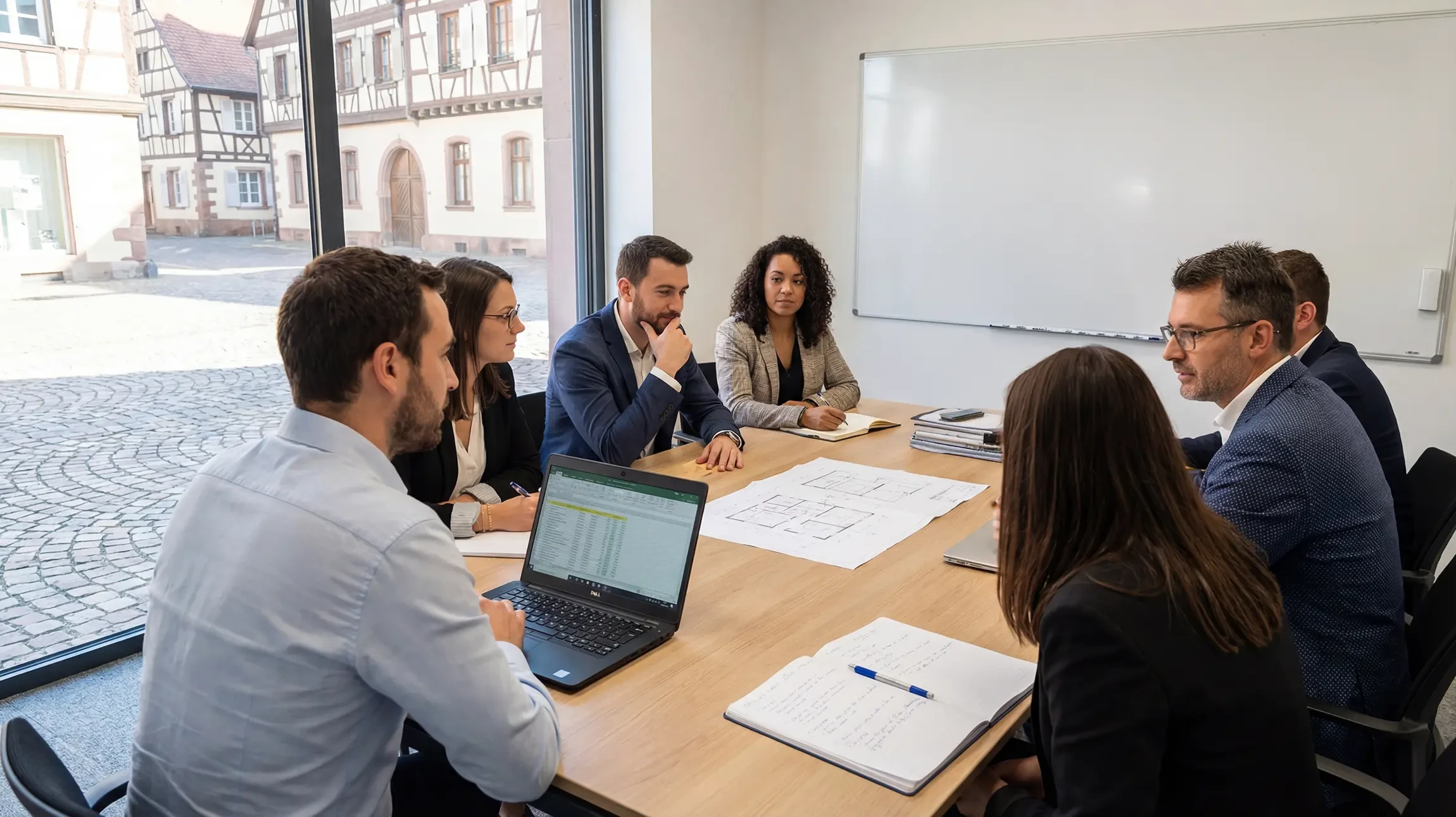 R&eacute;union d'affaires dans un bureau moderne avec deux professionnels analysant des donn&eacute;es financi&egrave;res