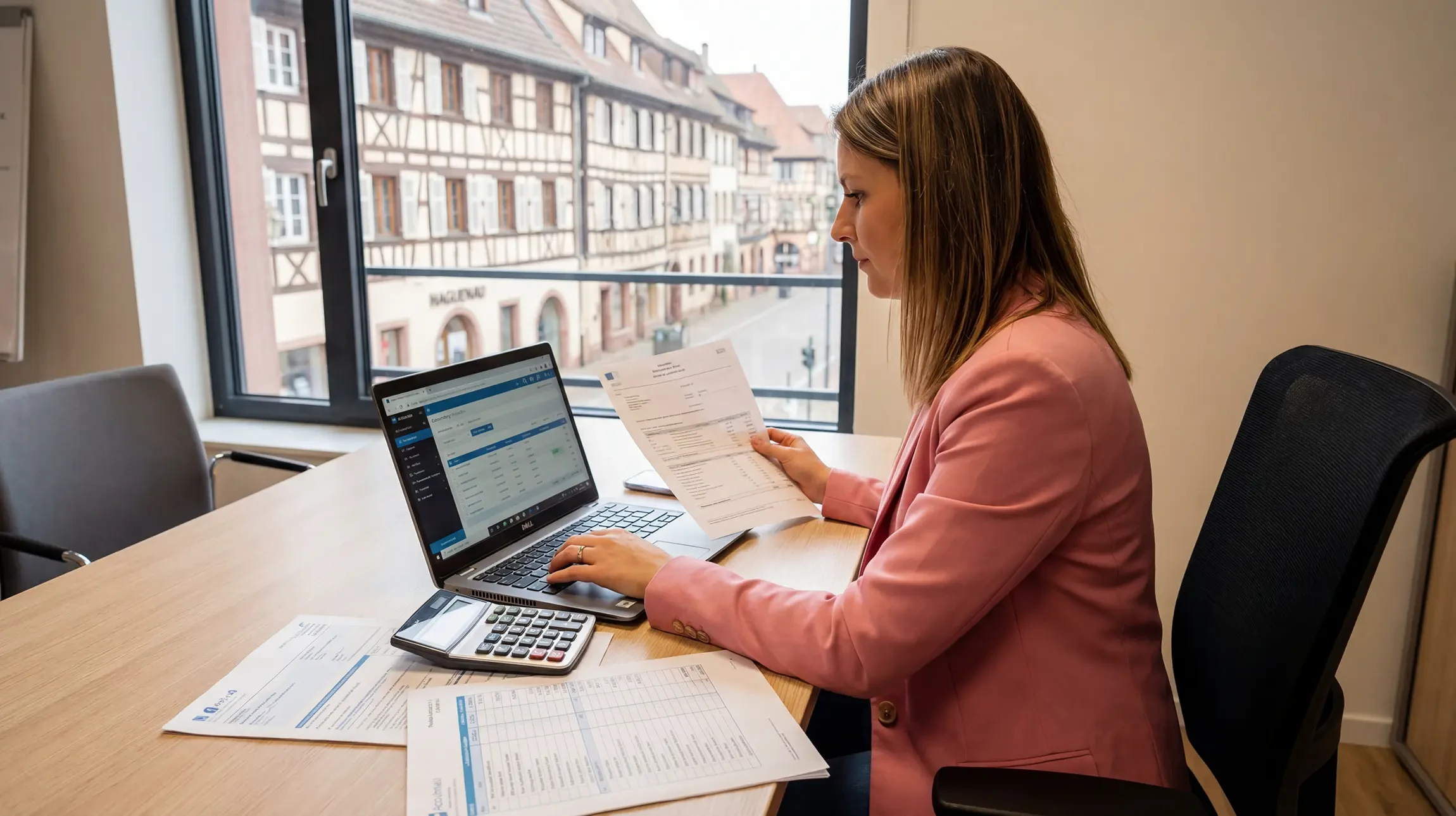 Personne en chemise rayée travaillant sur documents financiers, utilisant une calculatrice professionnelle sur un bureau